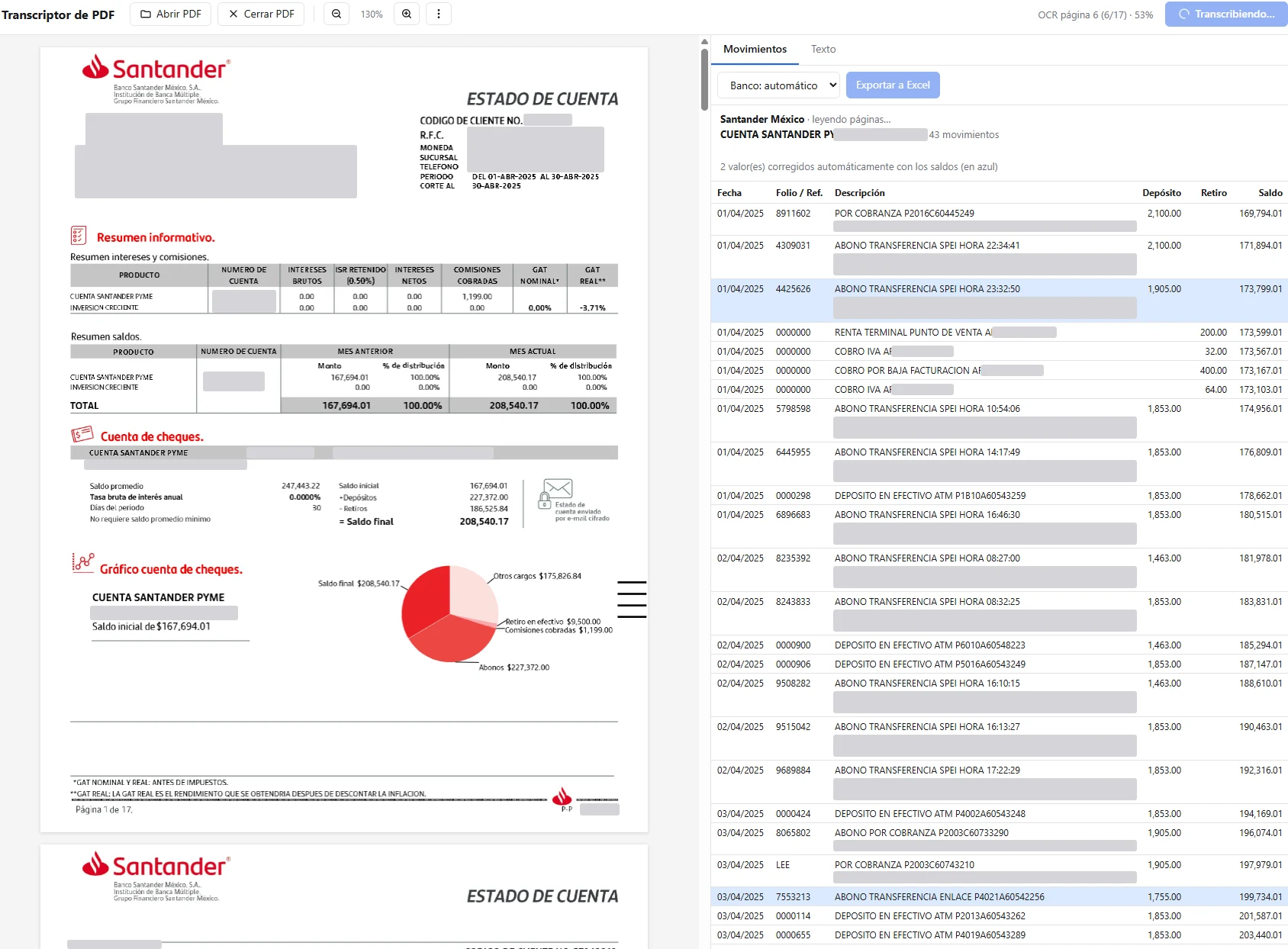 Captura completa del sistema: Transcriptor de estados de cuenta en PDF