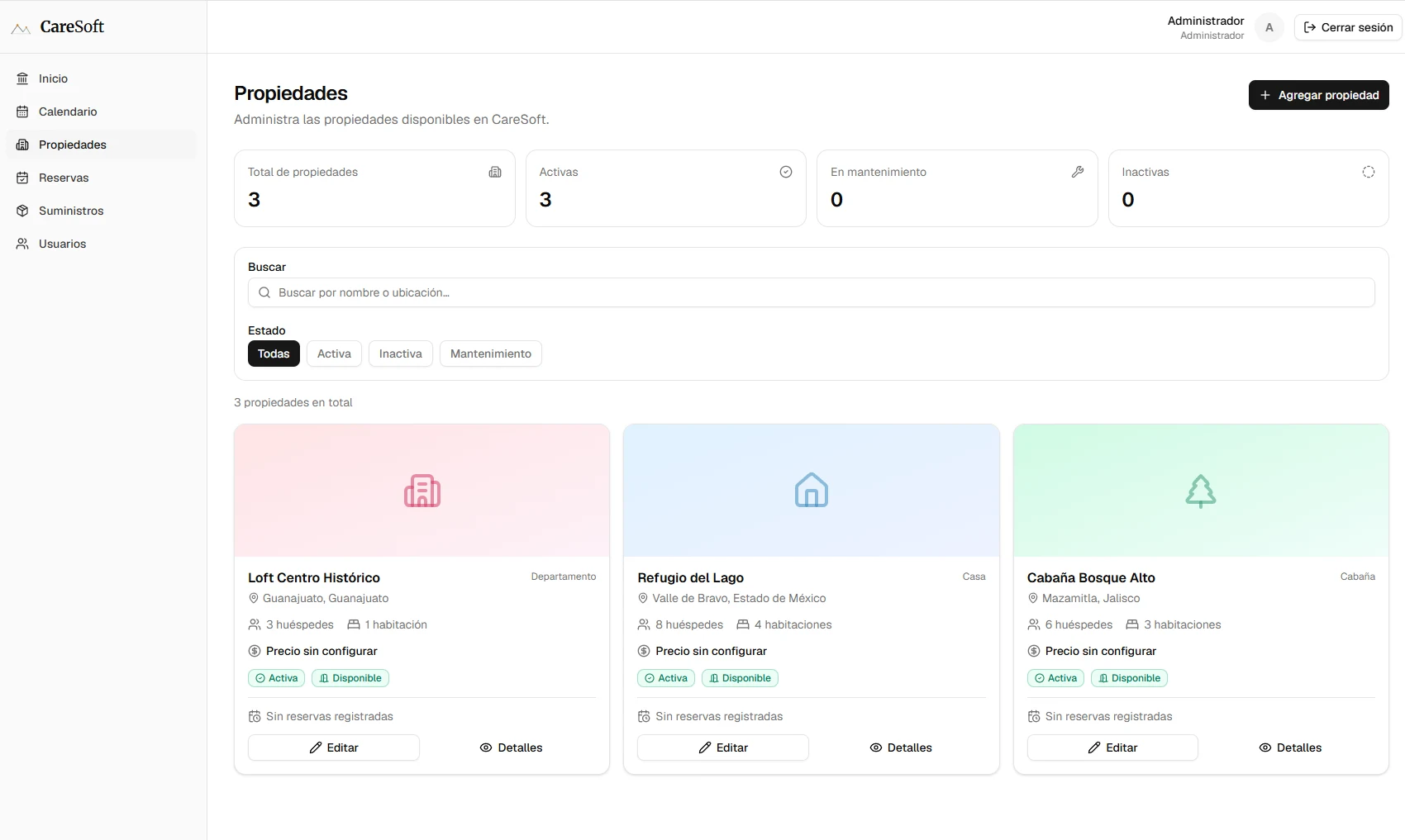 Captura completa del sistema: Gestión de propiedades y reservas